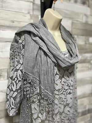 Woman’s Lagenlook Dress Tunic Lace Grey Scarf Size 14-16 • £15