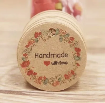 £3.10 • Buy Kraft Paper 'HANDMADE WITH LOVE' Gift Tags Round Labels Flower Pattern 3cm Brown