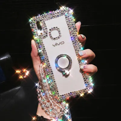 Luxury Bling Ring Holder Stand Kickstand Case Phone Cover With Crystals Lanyard • £11.47