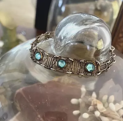 Antique Art Deco Aqua Blue Paste Rhinestone Filigree Lariat Slide Bracelet • $45