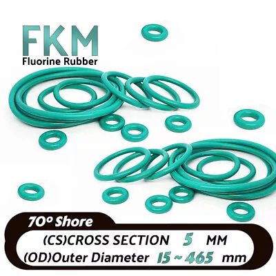 FKM O Rings Ø 5mm Cross Section / 15mm-465mm OD / Green Fluorine Rubber Seals • $3.07