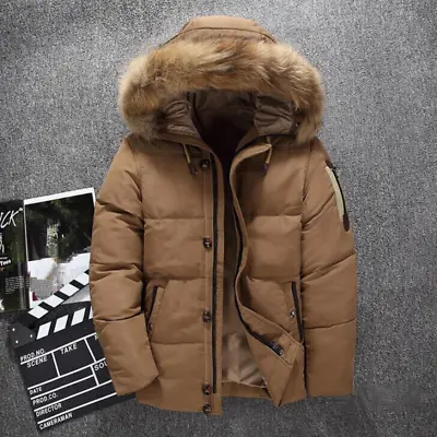 Mens Faux Fur Collar Hooded Duck Down Coat Puff Winter Warm Thicken Parka Jacket • $71.27