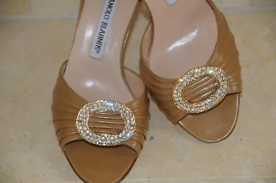 $775 New MANOLO BLAHNIK SEDARABY Beige Camel Leather Gold Jeweled SHOES 40.5  • $549.99