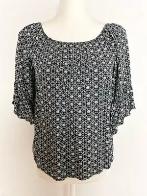 Miami Womens Blouse Size S Black White Floral Elastic Boat Neck 3/4 Bell Sleeves • $17.99