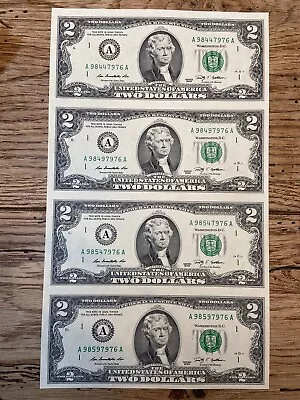 Uncut Sheet Of Four $2 Dollar Bills / 2009 • $38