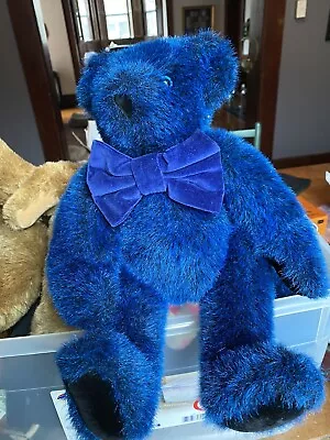 Vermont Teddy Bear Company Blue Jointed Stuffed Plush Bear With Bow • $29.50