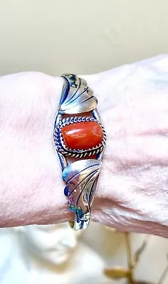 Vintage Native American H. Spencer Navajo Sterling Silver & Coral Bracelet • $135