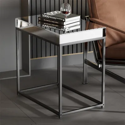 Minimalist Mirrored End Table Side Table With Silver Mirror Glass Tabletop Shelf • £57.91