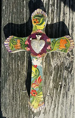 Painted Wood Cross 3D Mexico Handmade Milagro 9x6 Perpetuo Socorro Heart XF • $21.95