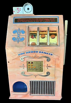 $45 • Buy 1960's Vintage 5 Cent One Armed Banker Medley Slot Machine Las Vegas Toy Bank