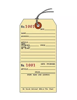 Repair Tags W Stub Strung Manila Numbered 5-1/4  X 2-5/8  - Pack Of 25 Tags • $17.20