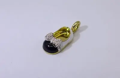 AARON BASHA Baby Shoe Diamond Bow 18kt Yellow Gold Black & White Enamel Pendant • $1195