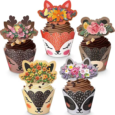 60 Pieces Woodland Baby Shower Cupcake Wrappers And Toppers Woodland Deer Cupcak • $13.74