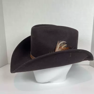 Vintage Patrice Cowboy Hat Size 6 7/8 Brown Felt Wool Feathers Made In USA • $35