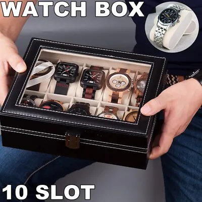 10 Slot Watch Case Display Box PU Leather Storage Jewellery Glass Top For Men UK • £9.97