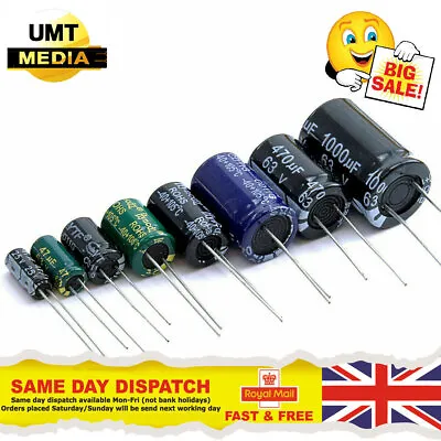 Radial Aluminium Electrolytic Capacitor 10V 16V 25V 35V 50V 63V 100V ±20% 105°C • £24.15