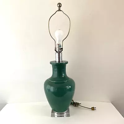 Vintage 70s Mcm Art Pottery Table Lamp Green W Lucite Base • $175