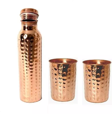 Pure Hammered Copper Water Bottle With 2 Hammered Glass Set Of 3 • $25.84