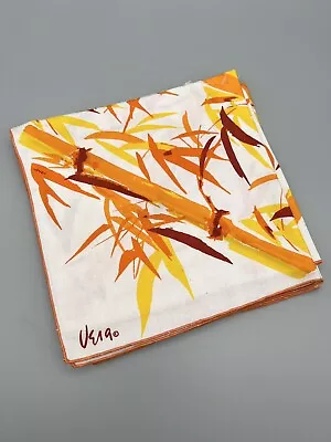 Vintage Vera Neumann White W/ Orange Yellow Bamboo Linen Napkins - Set Of 4 • $34.99