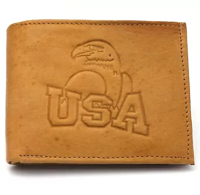 Bifold Beige Genuine Leather L Fold Wallet With A USA Eagle Embossed Design • $11.99