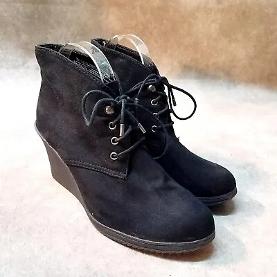 Merona Womens 57147 Size 9.5 Black Textile Lace Up Ankle Boot 3  Wedge Booties • $19.99