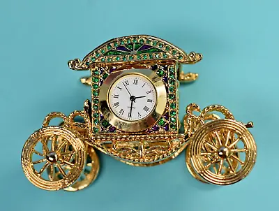 Guilloché Enamel Rhinestone And Gold Tone Stage Coach Clock-New Battery • $15.95