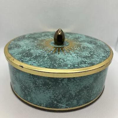 VTG Daher England 6.5  Round Cookie Biscuit Tin Green Gold Finial Knob Storage • $11.95