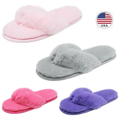 Womens House Fluffy Fuzzy Memory Foam Open Toe Flip Flop Slip On Indoor Slippers • $9.99