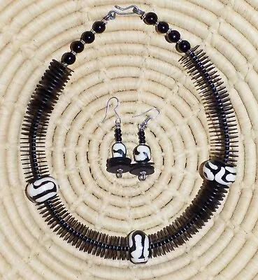 African Resin & Heishi Choker & Earrings Set Jnha9 • $15.97