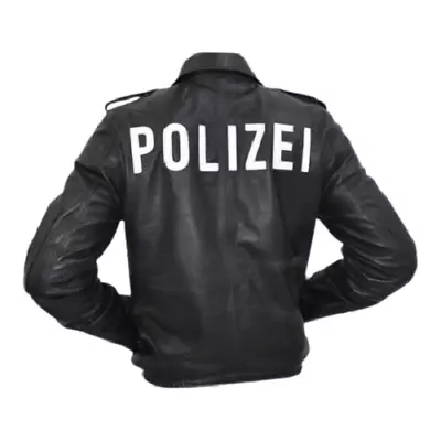 Man Black German Leather Moto Police Jacket Deutsch Polizei Biker Jacket Men's • $148.99