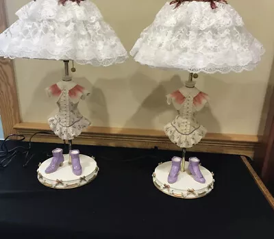 Vintage Figural Table Boudoir Night Stand Lamps Lace Shade Dress Shoes Pair MCM • $157.49