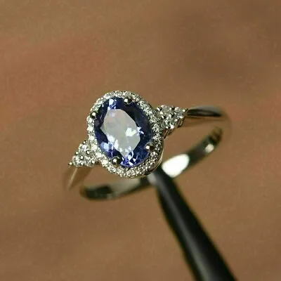 2CT Oval Cut Blue Tanzanite Diamond Halo Engagement Ring 14K White Gold Plated • $80.49