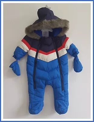 Baby Boys Hooded Snowsuit Blue Red White Padded Winter All In One Newborn NEW • £14.99