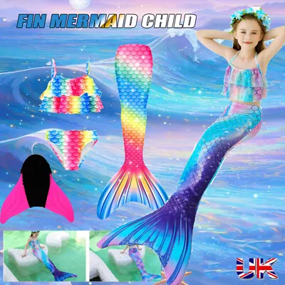 Kid Mermaid Tail With Monofin Swimmable Bikini Set Swimsuit Swimming Costume Set • £10.82