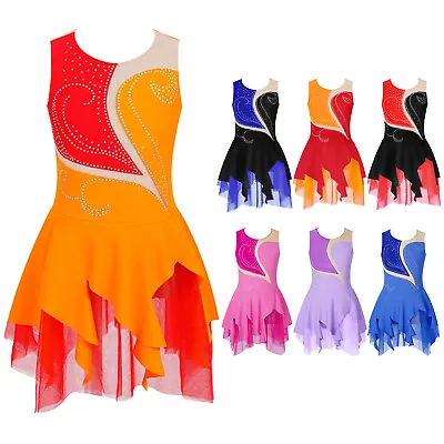 UK Girls Rhinestone Gymnastic Skirted Leotard Dancewear Figure Ice Skating Dress • £4.64