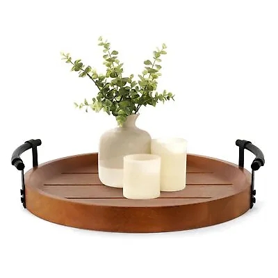 Rustic Decorative Tray With Black Metal Handles Round Wooden Tray For Coffee Tab • $38.05