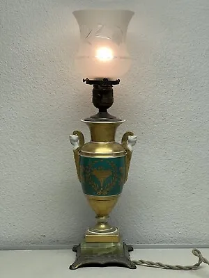 Antique Vintage French Old Paris Porcelain Onyx Gilt Cut Glass Boudoir Deco Lamp • $599