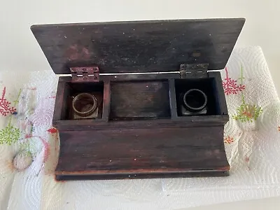 £5 • Buy Old Wooden  Ink Well /  Pen Rest / Desk Set British Made Twin Pot, Red/ Black