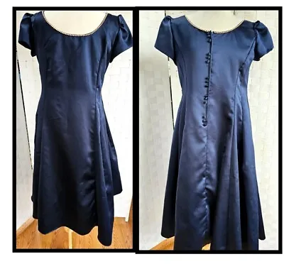 Vintage Formal Gown Navy Blue Satin 1960s Large  • $79