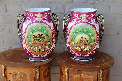 XL Pair French Vieux Paris Porcelain Birds Scene Vases 1960 • $560