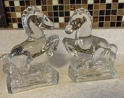 Vintage Pair  Clear Glass Figure Rearing Horse Bookends Western • $25