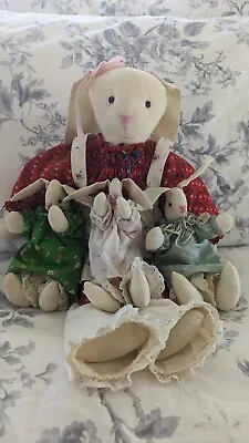 Vintage Handmade Floppy Eared Cloth Rabbit Mom And Babies Stuffed  Bunny Lot • $45