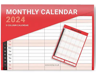 2024 Calendar 5 Columns Wall Monthly Planner Staff Rota Family Organiser M2M • £3.99