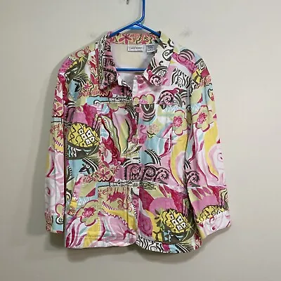 Erin London XL Vibrant Pink Print Jacket Pockets Cotton BLend • $10