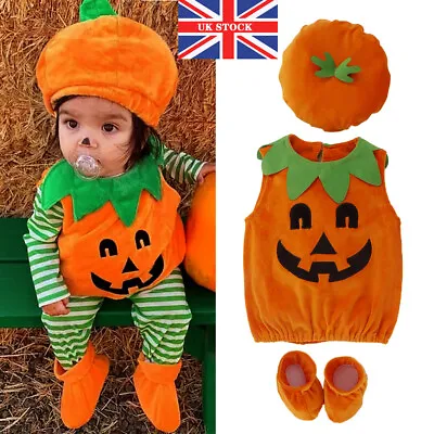 UK Newborn Baby Girl Boy Halloween Pumpkin Costume Romper Dress Shoes Hat Outfit • £10.82