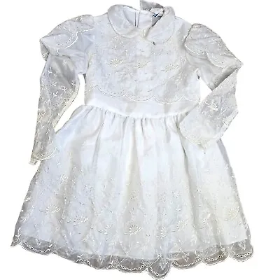 Vintage Girls 7 White Christening First Communion Dress White Eyelet Lace Floral • $49.99