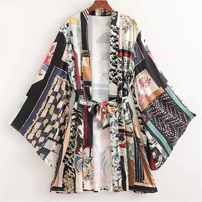 Women Ladies Floral Print Patchwork Kimono Jacket Cardigan Yukata Cope Coat Tops • £16.99