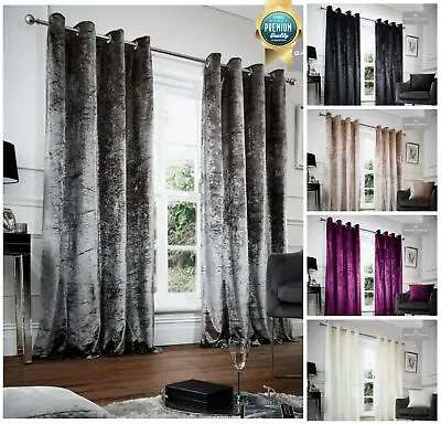 CRUSHED VELVET CURTAINS Pair Of Eyelet Ring Top Fully Lined Ready Made Curtain • £26.99