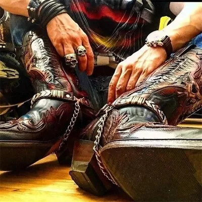 Mens Cowboy Mid Calf Knight Boots Embroidered Mid-Heel Motorcycle Boots Shoes • $83.91