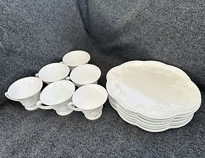 Set Of 6 Vintage Indiana Colony Milk Glass Snack Plates/Cups Harvest Grapes • $35